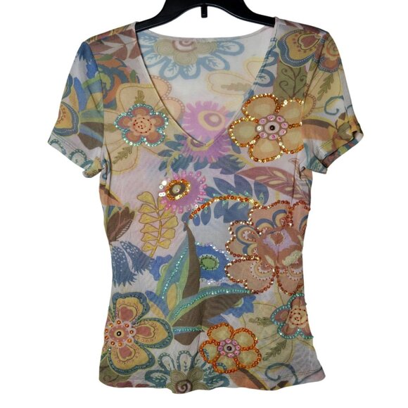 Womens Sequin Embellished Floral Mesh Top Size Medium Y2K Fairy Groovy Art Sheer - Picture 1 of 11
